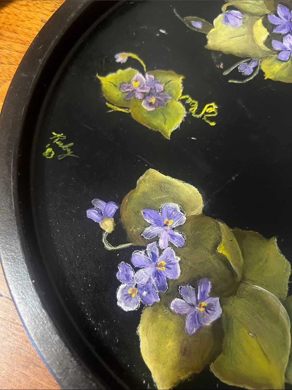 Vintage Hand-Painted Toleware Trays - Green & Purple Accents